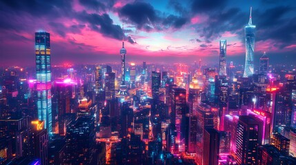 Fototapeta premium Retro-futuristic cityscape with towering skyscrapers, neon-lit streets below filled with vibrant street art, bringing life and color to the urban jungle