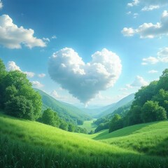 Naklejka premium A vibrant, surreal landscape featuring a heart-shaped cloud nestled between lush green hills.