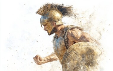 Fototapeta premium A fierce warrior in a golden helmet charges forward, embodying strength and determination amidst a swirling dust cloud.