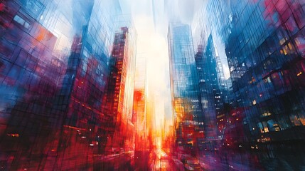 Fototapeta premium Sunlight glistens off the glass towers, while vivid street art wraps the buildings, merging urban and artistic elements. Watercolor hues of blue and red blend