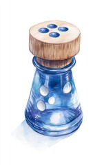 A blue glass salt shaker with a wooden cap features round holes for dispensing.