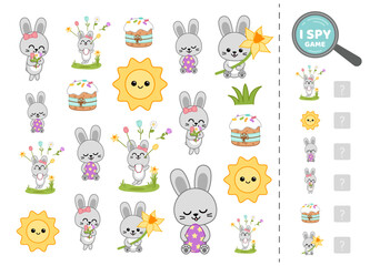 I spy game for kids. Spring, sun, bunny, cake. Search and count how many. Math game. Vector