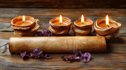 Fototapeta premium Candles and a wooden scroll placed on a rustic table with dried flowers for a tranquil ambiance