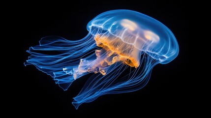 A glowing underwater scene featuring bioluminescent sea life, including jellyfish