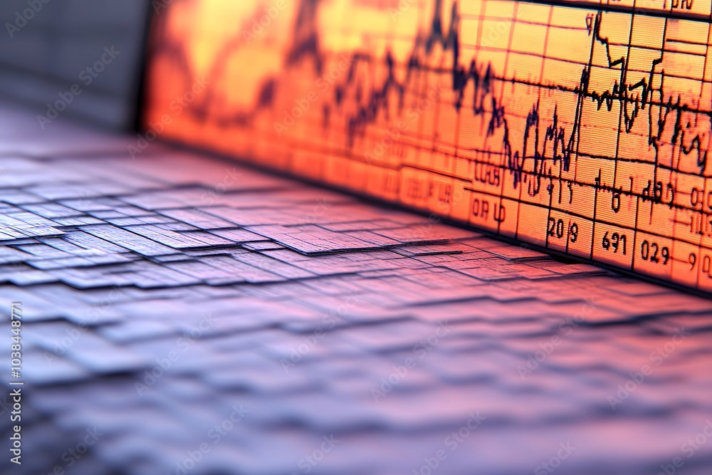 Poster abstract representation of financial data with graphs and charts.