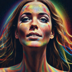 Portrait in the form of a woman's facial contour in forward movement made of different sized rainbow dots