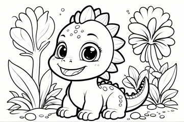 Cute Kawaii Baby Dinosaur Coloring Book Page