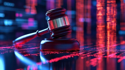 A gavel sits on a digital background with red and blue coding.
