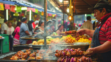 A bustling market scene with vendors selling Peruvian street food like anticuchos (grilled skewers) and empanadas, vibrant and energetic.