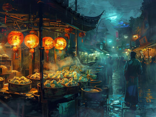 Obraz premium A bustling street corner where a vendor is serving hot dumplings from a steaming basket, the aroma filling the night air.