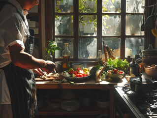 A chef preparing a fresh Greek salad with feta, tomatoes, cucumbers, and olives, in a rustic kitchen with sun-drenched windows.