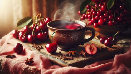 A close-up still life of a steaming cup of mulled cider and a cherry on a decorative surface, surrounded by cherry-colored fabric, slices, and cloves, in soft, natural lighting.