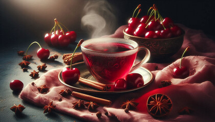A close-up still life of a steaming cup of mulled cider and a cherry on a decorative surface, surrounded by cherry-colored fabric, slices, and cloves, in soft, natural lighting.