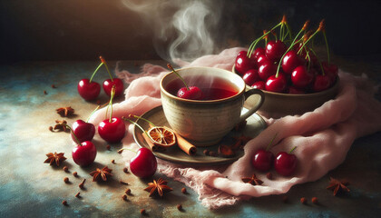 A close-up still life of a steaming cup of mulled cider and a cherry on a decorative surface, surrounded by cherry-colored fabric, slices, and cloves, in soft, natural lighting.