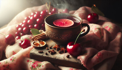 A close-up still life of a steaming cup of mulled cider and a cherry on a decorative surface, surrounded by cherry-colored fabric, slices, and cloves, in soft, natural lighting.