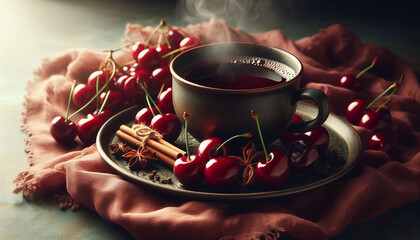 A close-up still life of a steaming cup of mulled cider and a cherry on a decorative surface, surrounded by cherry-colored fabric, slices, and cloves, in soft, natural lighting.