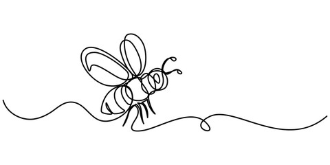 Continuous one line drawing of elegant honey bee for company logo identity. Organic honey farm icon concept vector illustration, continuous line drawing of a bee flying, leaving a trail behind