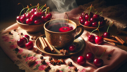 A close-up still life of a steaming cup of mulled cider and a cherry on a decorative surface, surrounded by cherry-colored fabric, slices, and cloves, in soft, natural lighting.