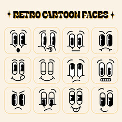 Set of Cute Vintage Retro Cartoon Face Expressions Vector Illustration