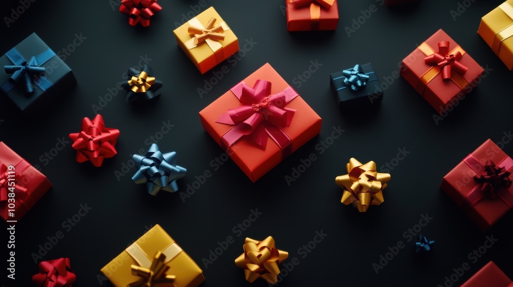 Fototapete brightly colored gift boxes adorned with ribbons are meticulously arranged on a dark surface, creati