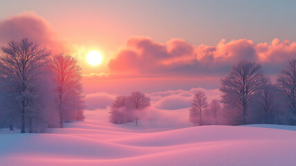 Winter solstice abstract background showcasing a serene landscape with trees sun and fluffy clouds