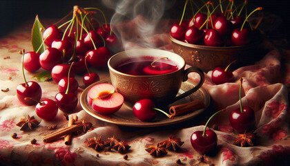A close-up still life of a steaming cup of mulled cider and a cherry on a decorative surface, surrounded by cherry-colored fabric, slices, and cloves, in soft, natural lighting.