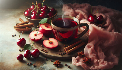 A close-up still life of a steaming cup of mulled cider and a cherry on a decorative surface, surrounded by cherry-colored fabric, slices, and cloves, in soft, natural lighting.