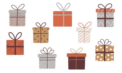 Gifts with bows. Presentation of gifts, congratulations. Holiday theme, New Year, birthday. Flat vector illustrations isolated on white background