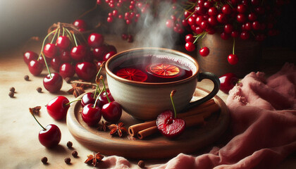 A close-up still life of a steaming cup of mulled cider and a cherry on a decorative surface, surrounded by cherry-colored fabric, slices, and cloves, in soft, natural lighting.