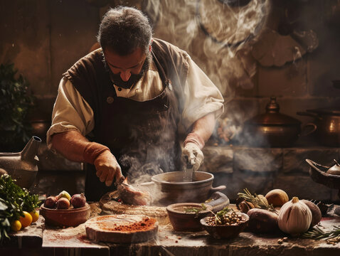 A chef recreating an ancient Roman dish with ingredients like honey, figs, and spiced meats, capturing the taste of history.