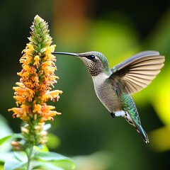 Fototapeta premium Hummingbird Hovering and Feeding on Nectar Rich Flower in Lush Garden