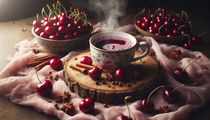 A close-up still life of a steaming cup of mulled cider and a cherry on a decorative surface, surrounded by cherry-colored fabric, slices, and cloves, in soft, natural lighting.