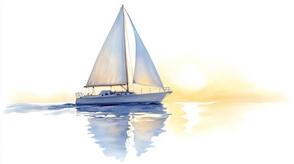 A serene watercolor painting of a sailboat gliding over calm waters, capturing tranquility and the beauty of sailing at dawn or dusk.