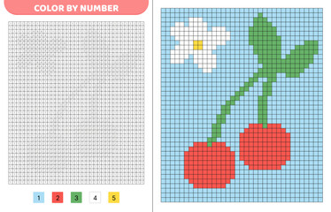 Color by number. Two cherries. Pixel coloring book. Numbered squares. Game for kids.