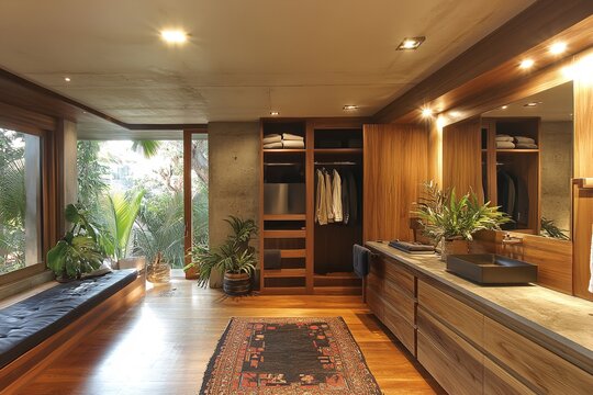 Interior of a modern home with parotta wood trim. Generative Ai