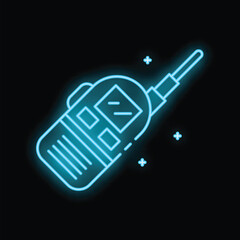 Blue neon icon of a walkie talkie glowing on a black background