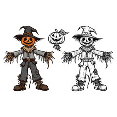 Happy Halloween Day horror scarecrow with pumpkin head spooky ghost, festival elements for decoration, prints. Cartoon scary evil character