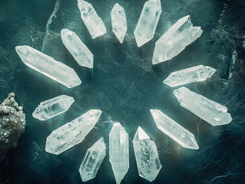 White crystals are arranged in a circle in the middle, the background is a glowing feeling of dark