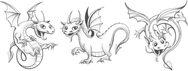 Hand drawn cute dragons