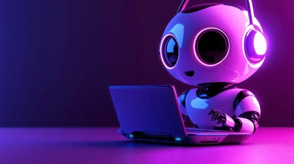 A cute white robot with glowing pink headphones, is working on a laptop.