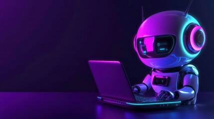 A futuristic robot with glowing lights sits at a desk and uses a laptop computer.