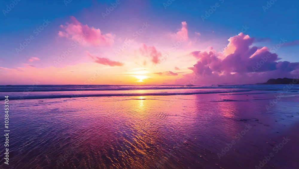 Wall mural bright beautiful seascape, sandy beach, clouds reflected in the water, natural minimalistic backgrou