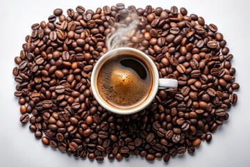 Fototapeta premium Aerial view of a coffee cup encircled by coffee beans on a clean white backdrop, ideal for coffee enthusiasts and aesthetic photography lovers.