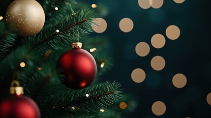 Christmas tree ornaments with festive bokeh and green pine branches.