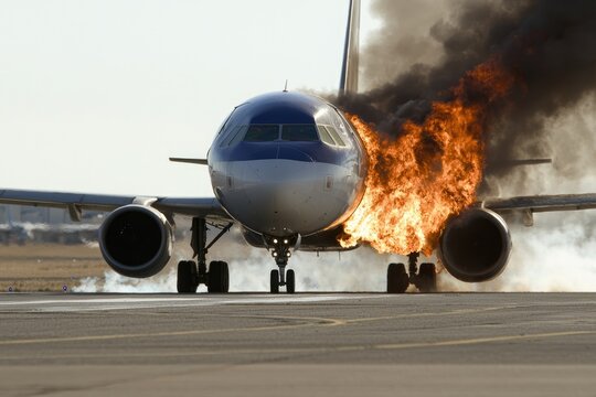 Plane ignition: a catastrophic event on the runway as flames engulf the aircraft, urgency of emergency response and the dangers faced in aviation mishaps with smoke and fire erupting.