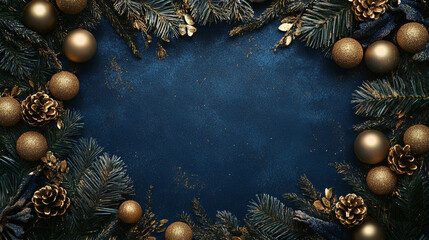 Decorative Christmas wreath with golden ornaments and pine cones on a deep blue background