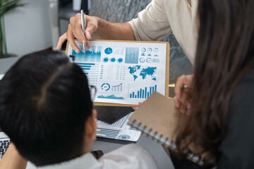 Data analysts team of office worker collaborate on business intelligence BI dashboard to analyze financial, trend, and marketing data. BI software utilization drive business success. Prudent