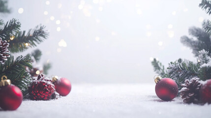 Obraz premium Celebrate Christmas Day with festive decorations featuring red ornaments and snow-covered greenery