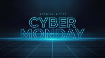 Cyber Monday special offer, glowing neon text on dark background.