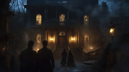 Obraz premium A group of adventurers dressed in period attire enters a grand Victorian mansion, passing through dusty, cobweb-covered doors as candlelight flickers and eerie portraits watch their every move.
